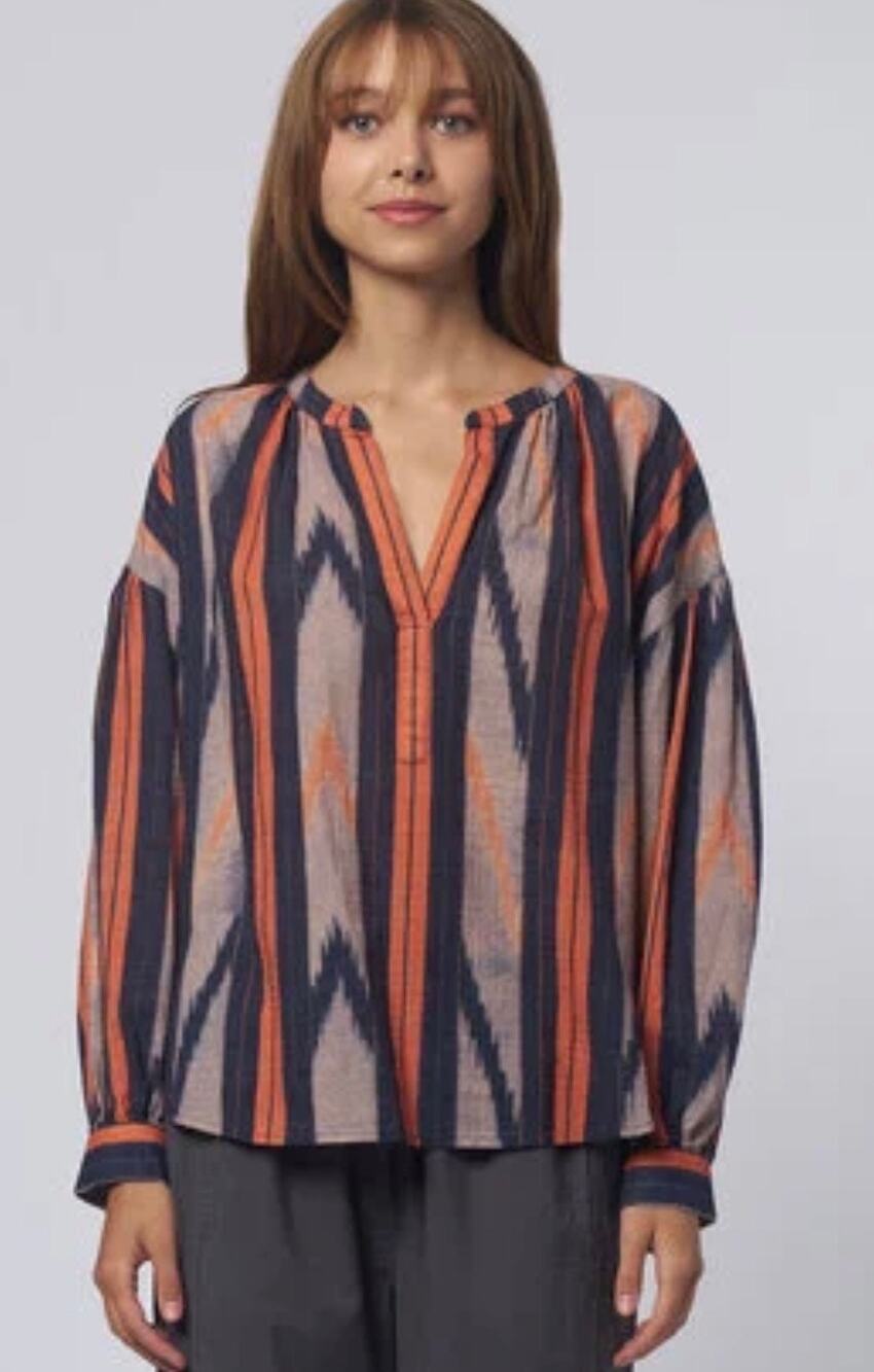Xirena Romi Top Flame Organge Striped Relax V Neck Long Sleeve Cotton Sz S